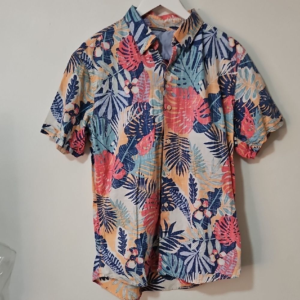 Izod Men's Tropical Leaf Print Shirt - Blue, Pink, Orange